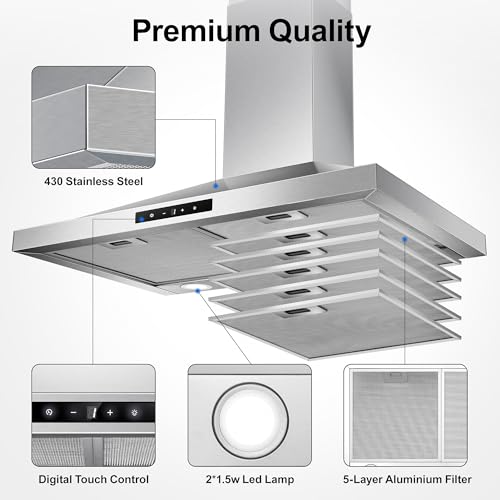 Tieasy Range Hood 30 inch Wall Mount, Kitchen Vent Hood 450 CFM in Stainless Steel, Stove Vent Hood with Ducted Convertible Ductless, Touch Switch, LEDs Light, 3-Speed Fan, Aluminum Filters