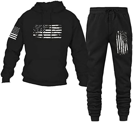 Ovjircd Vintage American Flag Tracksuit Set for Men and Women - Long Sleeve Distressed USA Flag Pullover Hoodies and Sweatpants Outfit Large