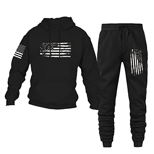 Ovjircd Vintage American Flag Tracksuit Set For Men And Women - Long Sleeve Distressed Usa Flag Pullover Hoodies And Sweatpants Outfit Large #TOP1