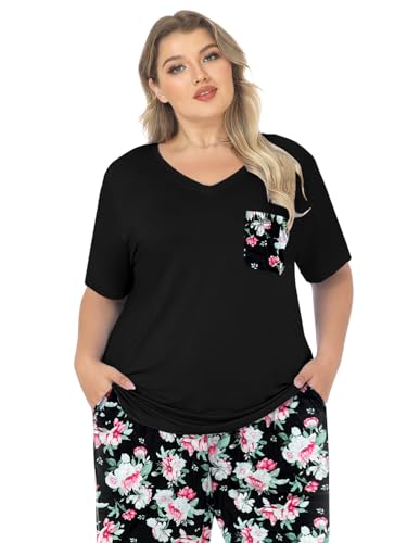 Womens Modal Plus Size Pajamas Capri Pajama Sets Soft Pjs V Neck Shirt Printed Capri Pants With Drawstring S-3XL3