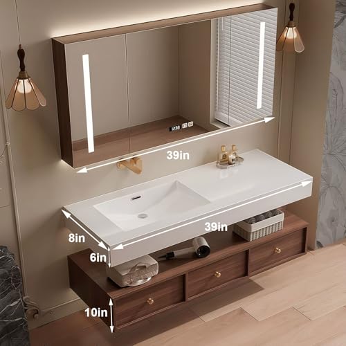 Modern Wall Mounted Floating Bathroom Vanity with Integrated Ceramic Sink, No Assembly Required, Hanging LED Intelligent Lighted Sensor and Demisting Mirror, Cabinet Spaces, 3 Soft Close Drawers