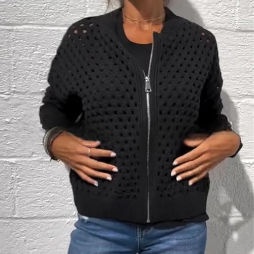 Womens Zip Up Crochet Cardigan Sweater, Women's Casual Hollow Knitwear Zipper Jacket, Fishnet Knit Shrugs Sweater Jacket3