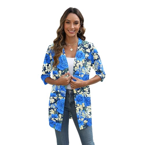Womens Cardigan Summer Casual Long Cardigans 3/4 Sleeve Lightweight Open Front with Pocket Floral2