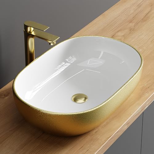 Planetmöbel Aquil Deluxe Lavabo Ovale | Lavabo Da Appoggio Per Bagno E Wc Degli Ospiti | Lavabo A Mano Senza Foro Per Rubinetto E Troppopieno | Oro Bi
