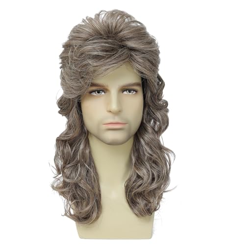 Image of Men's Long Curly Mullet Wig, 80s Retro Rock Synthetic Wig, Fluffy Curly Wig for Halloween, Cosplay, 80s Theme Party and Country Western Costume (Light Brown)