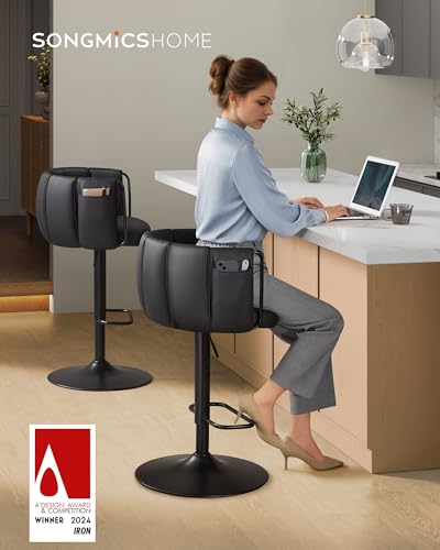 SONGMICS Home 360° Swivel Bar Stools Set of 2, Height Adjustable Barstools with Curved Back, Upholstered Counter Bar Stools with Footrest, Large Base, for Kitchen Island, Modern, Ink Black ULJB103B01