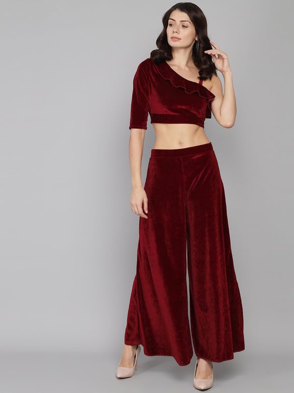 Image of Vaararo Velvet Co-Ords for Women | One Sleeve Crop Top with Palazzo Set Casual Party Dress