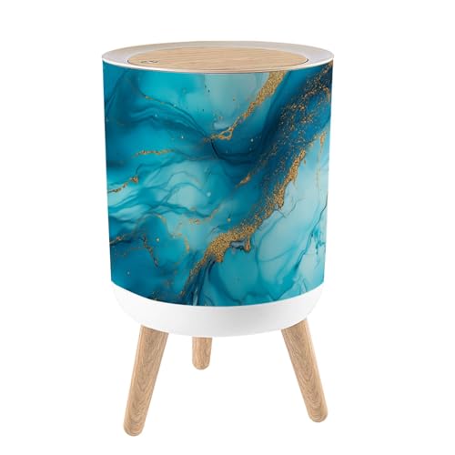 VETEB Trash Can with Lid Cyan Blue Liquid Watercolor Golden