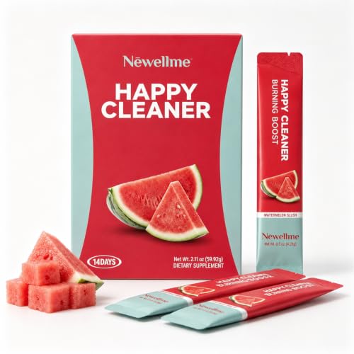 NEWELLME Happy Cleaner Greens Superfood Powder Packets Sugar-Free Fiber Drink Mix for Gut Health Digestive Health & Bloating Support Prebiotics Probiotics & Enzymes Watermelon 14 Count