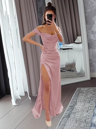 Bolodoo Off-Shoulder Mermaid Satin Prom Dress with Slit Evening Gowns