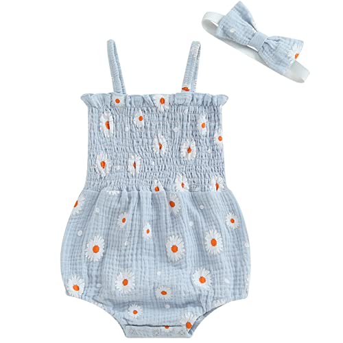 Image of Newborn Baby Girls Summer Clothes Frill Cotton Linen Daisy Sling Romper Bodysuit with Headband
