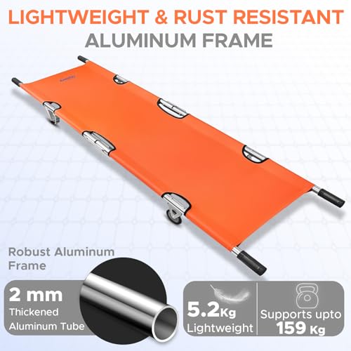 KosmoCare Foldable Stretcher with Aluminum Frame & Castors |Load Capacity 159kg |Waterproof PVC Sheet |Safety Belts & Rubber Handles |Portable Emergency Stretcher for Patient Shifting & Hospital Use