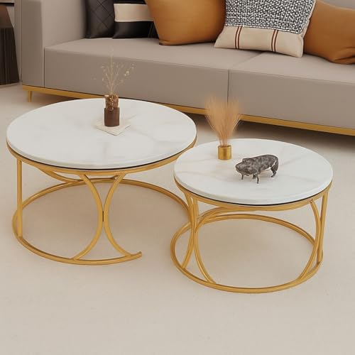 Image of Round End Table Set of Two Coffee Tables with Engineered Wood Top and Metal Frame, Contemporary Accent Side Table for Office, Bedroom, or Living Room Golden White