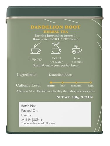 Luxmi Estates Dandelion Root Herbal Tea 100gm Tin Caddy | USDA Certified Organic Herbal Tea | Caffeine-Free | Single Ingredient | 50 Cups | Detox & Liver Cleanse | Digestion Support