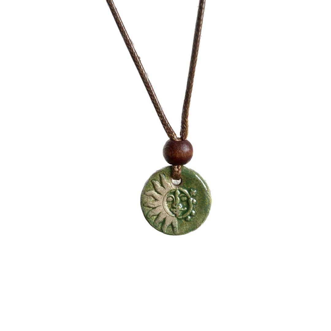 The Sun and the Moon - Green Handmade Ceramic Pendant Necklace, Adjustable Cord, for Unisex, Women, Men, Bohemian, Rustic, Vintage Style Jewelry
