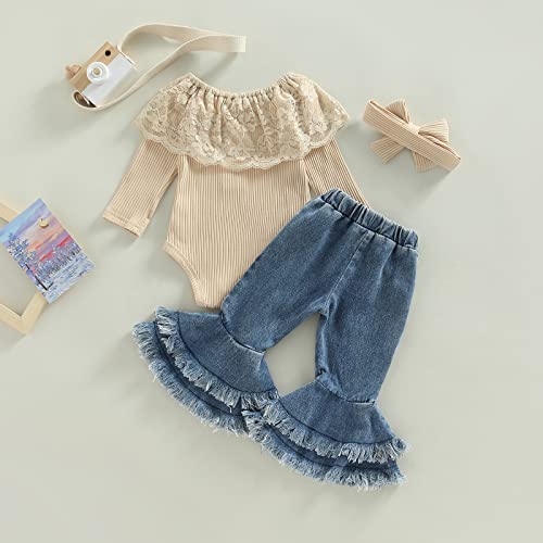 Seyurigaoka Baby Girl Clothes Lace Off Shoulder Romper Flare Denim Jeans Pants Headband Set 3pcs Fall Winter Outfits4