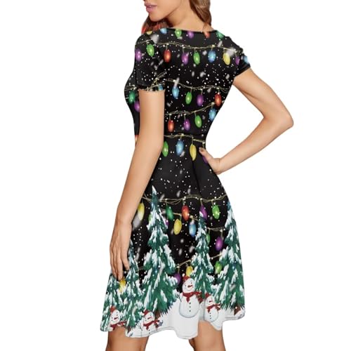 Image of POLERO Women Puffy Swing Elegant Party Midi Dresses Short Sleeve Round Neck A-Line Dress
