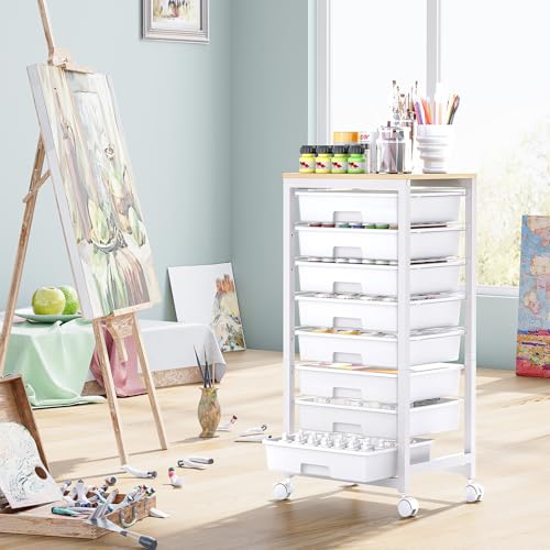 SYKIARIOL Rolling Cart with Drawers,8 Drawer Rolling Cart,Rolling Drawer Cart,Rolling Storage Drawer Cart,White Rolling Cart,Utility Cart with Drawers and Wooden Tabletop