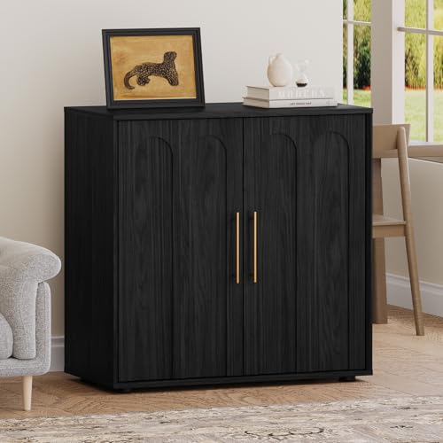 BEQAI 31.5" Mid-Century Sideboard Buffet, Arched Doors, Matte Black