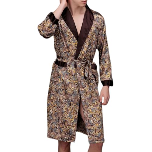 Men's Long Sleeve Robe Satin Pjs Bathrobe Comfy Lightweight Thin V Neck Cool Sleeping Spandex Sleepwear