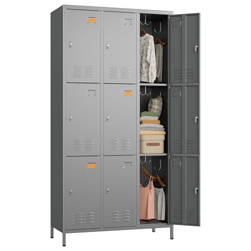 Image of SUPEER 9 Door Metal Storage Lockers for Employees,Heavy Duty Steel School Locker with Adjustable Shelves and 27 Hooks,Metal Lockers for Gym,Home,Garage,72 inch H x 35.4 inch W,Dark Grey,Assembly Required