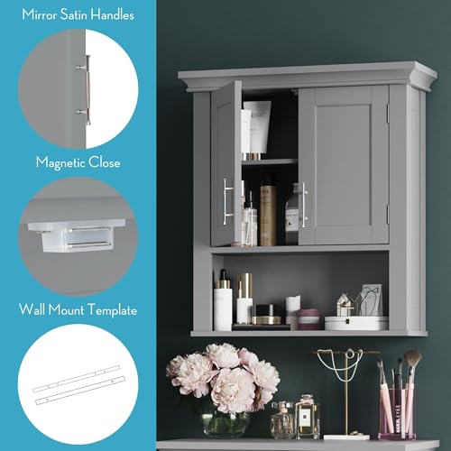 RiverRidge Somerset Two-Door Bathroom Storage Wall Cabinet Over the Toilet Storage with Adjustable Shelves Wall-Mounted Medicine Bathroom Cabinet with Mirrored Handles - Gray by RiverRidge - Image 2
