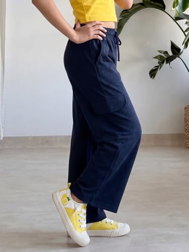 Image of Li'l Tomatoes Girls Cotton Track Pants | Soft & Comfortable Casual Summer Lower for Girls | Elastic Waist with Drawstring Everyday Wear | Side Stripe Straight Fit Trackpant | 9-16 Years |