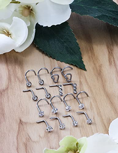 18G 20G Nose Rings Studs Stainless Steel L Shaped Screw Nose Rings Hypoallergenic Cubic Zirconia Nostril Nose Piercing Jewelry for Women Men Silver2