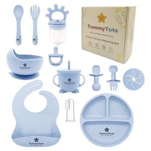 TummyTots 12Pcs Blue Baby Weaning Set - Feeding Set w/Baby Bowls for Weaning Baby Plates with Suction Baby Cutlery Baby Spoons Weaning Spoons Toddler Plates Weaning Bib Sippy Cup - Baby Gifts