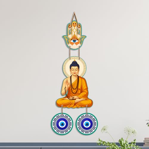 Image of Artvibes Buddha Blessing Wall Hanging with Hamsa Hand & Evil Eye Accents | Decorative Spiritual Hanging for Home Protection | Wooden Decor for Entrance | Positive Energy Wall Art (WH 85102N)