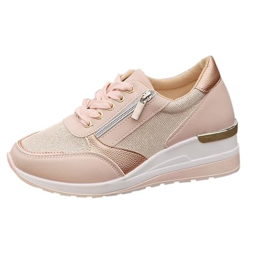 Zapatos de cuña para caminar de mujer, tenis deportivos con cordones y cremallera lateral
