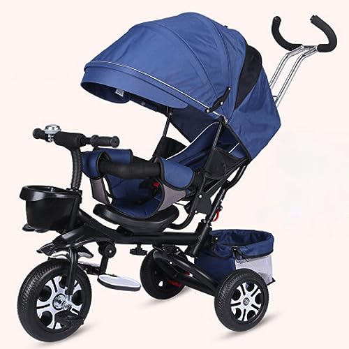 LHTJHP Kids Tricycle,Tricycle Stroller,Kid Stroller,4 in 1 Kids Trike,Folding Kids Tricycle Stroller with Push Handle,Removable Canopy,Rotatable Seat,Rubber Wheels,Black + Blue,EVA Wheel