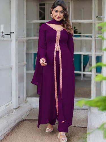 Image of Elegant Women?s Ethnic Kurta Set with Intricate Embroidered Lacework - Designer Kurta with Dupatta & Bottom Wear - Perfect for Weddings & Festive Occasions
