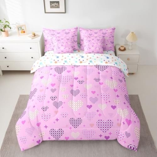 Image of Erosebridal Love and Heart 7 Pcs Bedding Set Cute Heart Pattern Queen Comforter Set for Girls Kids Purple Valentine Bed in A Bag with Flat and Fitted Sheet Love Geometric Bed Set