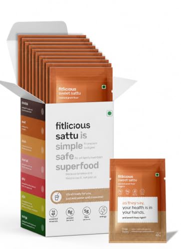 Image of fitlicious Sweet Sattu Powder | Bihari Chana Sattu | Natural & Organic | Gluten-Free, Non-GMO | High Protein & Fiber | Instant PremiX | Healthy Drink For All Ages | Pack Of 10 X 40g Sachets