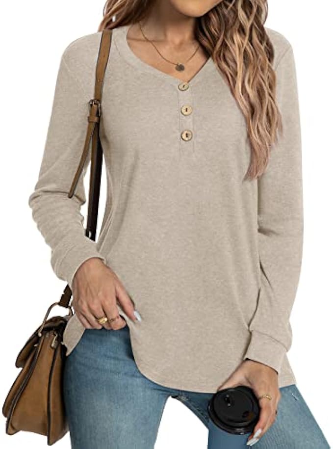 HOTGIFT Women's T-Shirts Long Sleeve Casual Shirts V Neck Button Tee Tops Loose Comfy Warm Blouse