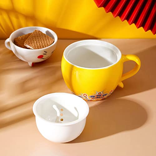 ARISKEY Ceramic Tea Mug with Infuser and Lid, Cat Tea Cup with Filter for Steeping Loose Leaf, Handmade Porcelain Teacup, 3D Funny Novelty Mug for Home Office (Yellow)