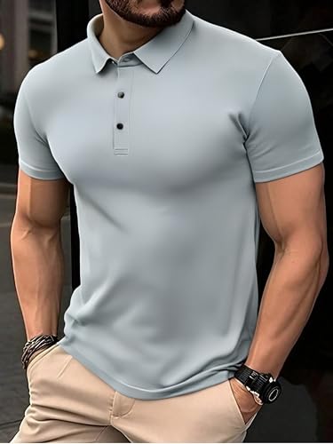 Men’s Athletic Collar Shirt Short Sleeve Performance Golf Training Top Quick Dry Stretch Sportswear with Button Closure