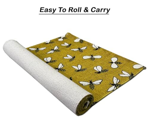 Image of SAGON 2x5 Ft Printed Runner Carpet - Cotton Bedside Rug for Bedroom & Living Room (Bee Yellow)