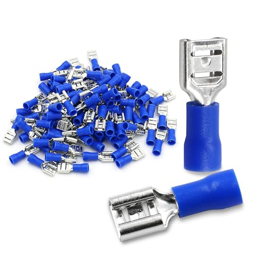 Baomain Female Quick disconnects Vinyl Insulated Spade Wire Connector Electrical Crimp Terminal 16-14 AWG 6.3mm Blue 100 Pack