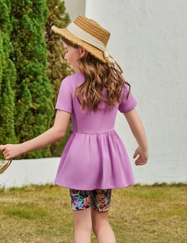 Image of Arshiner Girls Summer Outfits Short Sleeve Ruffle Hem Top and Biker Shorts Set Girl Clothes 4-15 Years