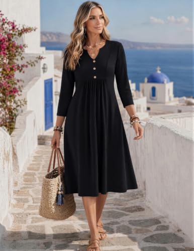 Image of Zeagoo Womens Dresses 3 /4 Sleeve Casual Fall A Line Midi Dress with Pockets