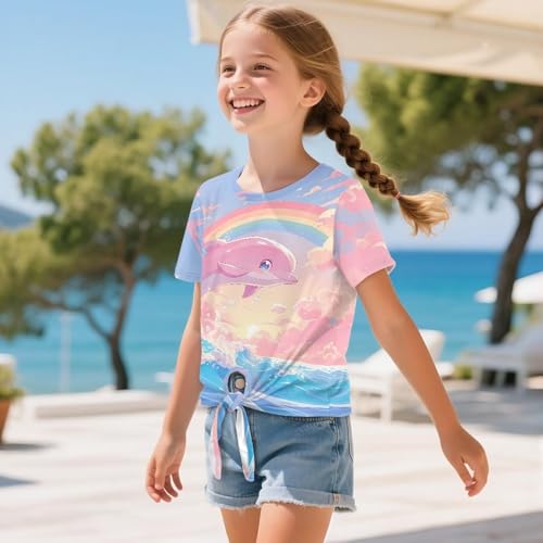 Girls Tie Knot Front Tee Comfortable Short Sleeves Round Neck T-Shirts for Sport Running Age 5-12 Years3