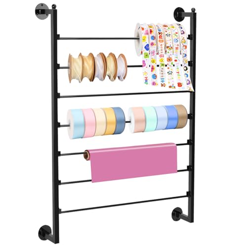 Image of Ribbon Organizer, 7 Tier Wall Mounted Metal Holder,Holiday /Birthday Gift Wrapping Organizer Storage Ribbon Storage Rack for Craft Cake Shop Flower Store,Tie Scarf Rack (Black)