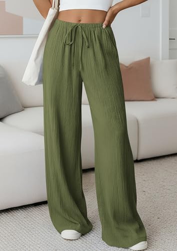 PRETTYGARDEN Womens Palazzo Pants Summer Fashion 2026 High Waisted Wide Leg Drawstring Flowy Beach Trousers with Pockets (Army Green,XX-Large) — view 2