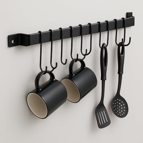 Image of Craft Expertise 17-Inch Wall Mounted Kitchen Rail with 10 S-Hooks - Black Utensil Rack for Hanging Pots, Pans, Lids & Spatulas (17 x 1 x 1 in)