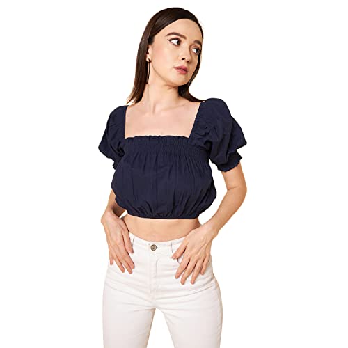 Image of HIGH Star Women's Square Neck Puff Sleeve Pure Cotton Slim Fit Blouson Top