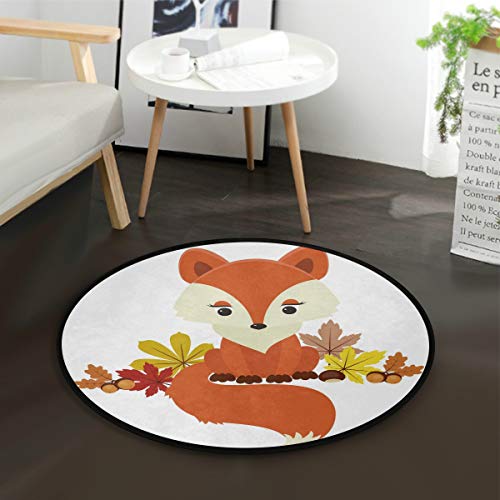 Mnsruu Tapis rond pour salon, chambre à coucher, motif renard, feuilles de gland, 92 cm de diamètre