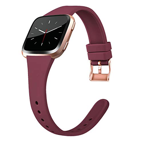 Tobfit Silicone Slim Band Compatible for Fitbit Versa 2/Versa/Lite/SE, Narrow & Thin Sport Wristband with Metal Buckle for Women/Men, Wine red, Large