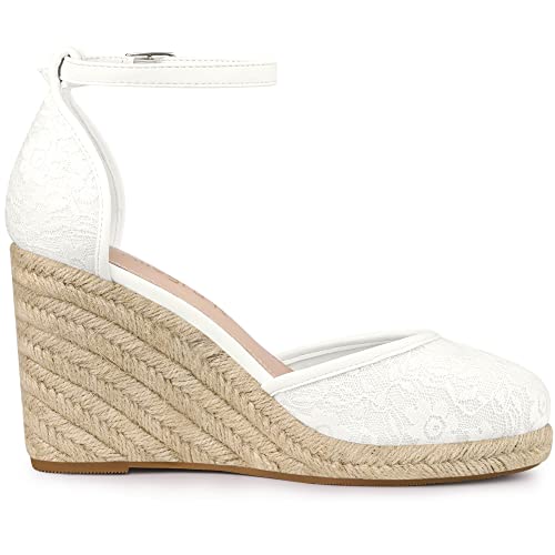 Allegra K Women's Closed Toe Espadrille Platform Heels Lace White Wedge Sandals 8.5 M US
